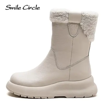 (white, 37) Genuine Leather Boots Women Winter Mid Calf Snow Boots Fashion Casual Thick Bottom B