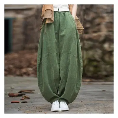 (green, One Size) Johnature Women Vintage Ramie Wide Leg Pants Solid Color Elastic Waist Trouser