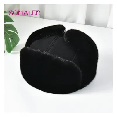 (black, L) Somaler Winter Genuine Leather And Fur Hat For Men Male Real Whole Mink Fur Earflap U