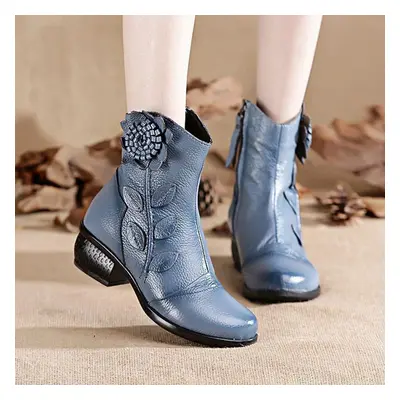 (blue, 9) Johnature Genuine Leather Platform Boots Women Shoes Zip Round Toe Flower Leisure Sewi