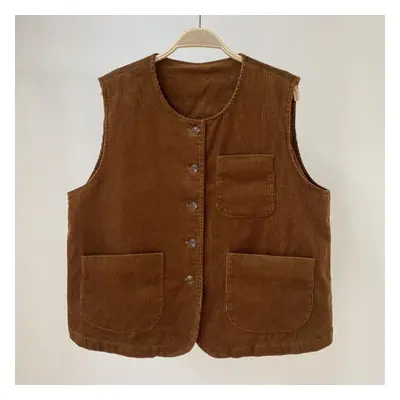 (dark brown, One Size) Johnature Spring Japanese Corduroy Sleeveless Vests Casual All Match Soli