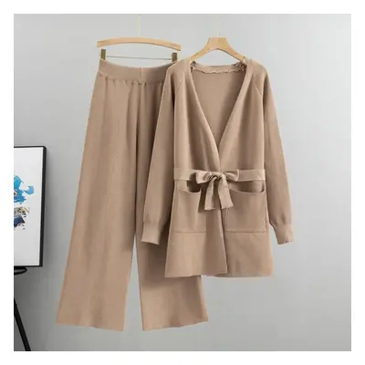 (khaki, L) Spring And Autumn Women&apos;s Knitted Set Wide Leg Pants Knitted Cardigan Jacket Two