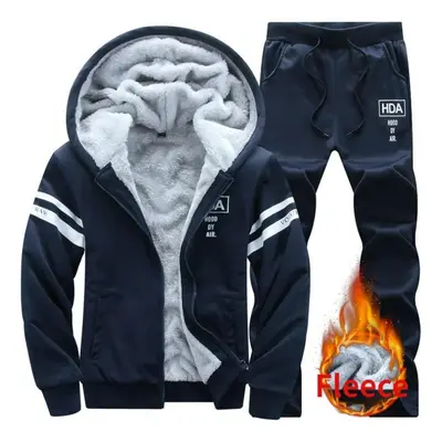 (dark blue, 2XL) Large Winter Men&apos;s Casual Sports Plush Set Hooded Coat Korean Edition Warm