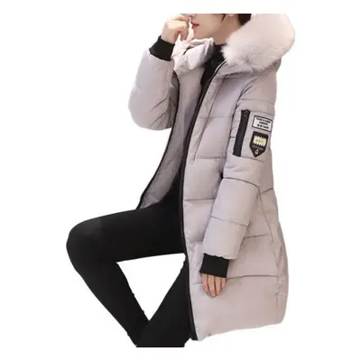 (grey, M) Women Winter Cotton Coat Thickened Padded Stuffed Hooded Mid Length Windproof Warm Zip