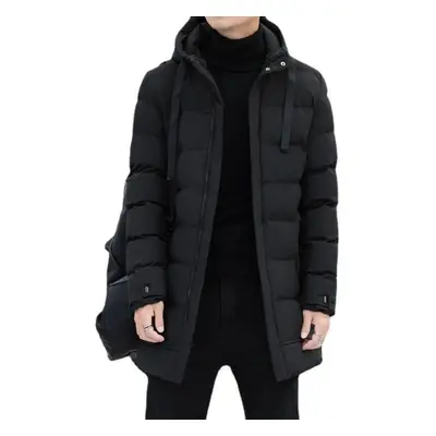 (black, 4XL) Male Winter Warm Long Outwear Hooded Thicken Mid-length Hooded Foe Men Warm Coat Wi