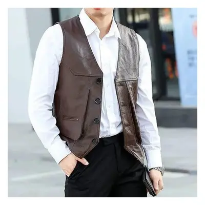 (6XL, as the picture) Men Spring Autumn New Genuine Leather Motorcycle Vest Mens Real Cowhide Le