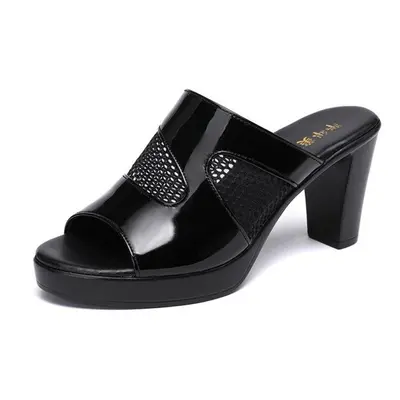 (black, 35) Slipper Female Block Heel Platform Slippers Slides Women High Heels Ladies Office Wo