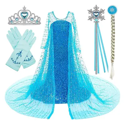 (blue, 110) Princess Costume Long Cape Birthday Party Dress Up With Crown,magic Wand,wig,gloves 