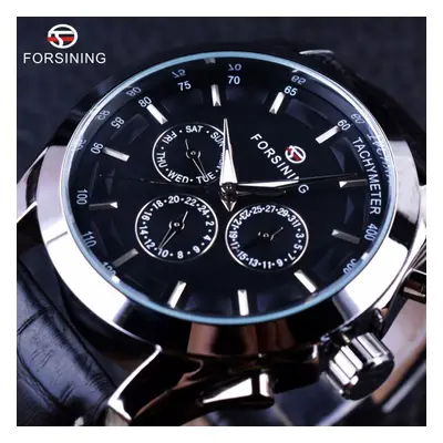 (black,silver) Forsining Retro Fashion Designer Three Dial Decoration Genuine Leather Golden Men