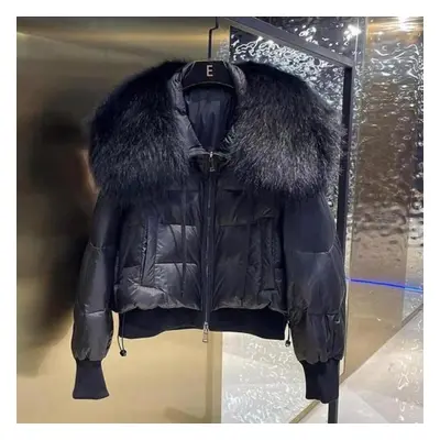 (black, L) Women&apos;s Autumn And Winter High-end Down Jacket Imitation Raccoon Fur Collar Loos