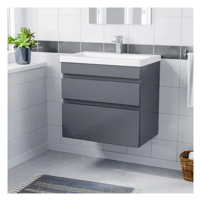 Nes Home 600mm Drawers Wall Hung Basin Vanity Unit Steel Grey