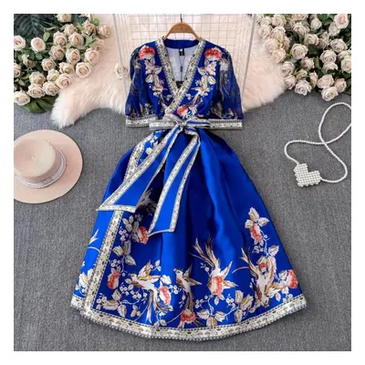 (blue, M) Summer Bohemian Flower Print Long Dress Women V-neck Puff Sleeve Vintage Print Bandage