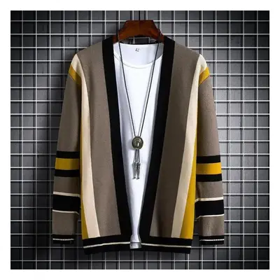 (tan, 3XL) Knit Sweater Male Coat Cardigan Men&apos;s Clothing Jacket Striped V Neck Blue Large 