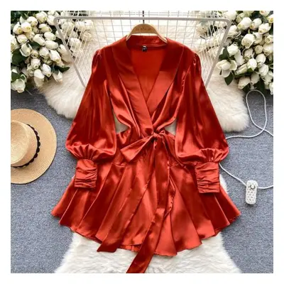 (orange, S) V Neck Puff Sleeve Satin Lace-up Solid Color Dresses For Women French Chic Pleated D