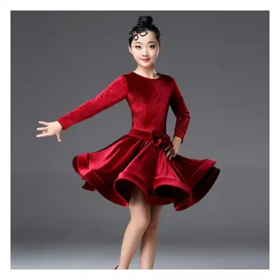 (burgundy, 170) Girls Velvet Latin Salsa Dance Dress Gymnastics Dancewear Ballroom Dancing Costu