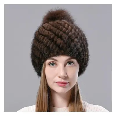 (brown, 55-59cm) Natural Mink Fur Hats Women Knitted Beanies Woolen Lining Fox Fur Pompom Warm F