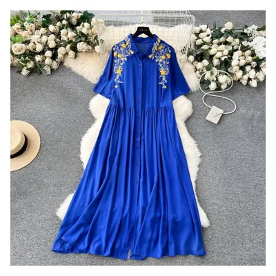 (blue, One Size) Women Vintage Embroidery Pleated Single Breasted A-line Dresses Lapel Half Slee