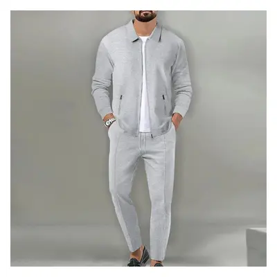 (gray, XL) Lapel Slim Fitting Male Coat Waffle Zipper Pocket Long Sleeved Sportswear Man Cardiga