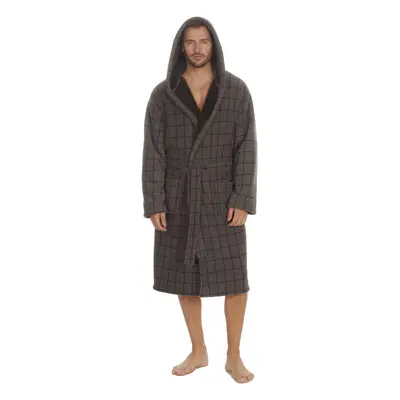 (Grey Hooded Checked, XX-Large) Mens Hooded Shawl Collar Dressing Gowns For Him Soft Robe With P