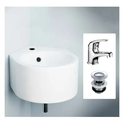 Corner Wall Hung x 435mm Cloakroom Basin, Mixer Tap & Basin Waste