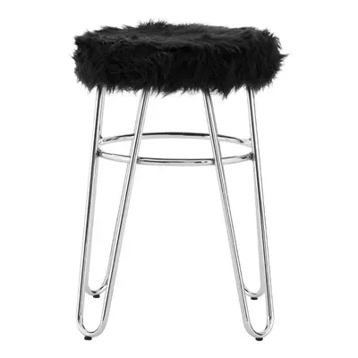 Chrome Metal and Black Faux Fur Stool, Small Hairpin Round Stool, Sturdy Plush Fur Stool for Lou