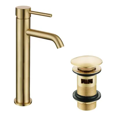 Nes Home Modern Countertop Brushed Brass Tall Round Basin Mono Mixer Tap + Waste