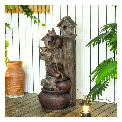 Outsunny 2-in-1 Waterfall Fountain with Birdhouse, Resin Outdoor Fountain