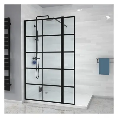 Nes Home Wet Room Shower Enclosure Screen Black Grid 8mm & Return Panel