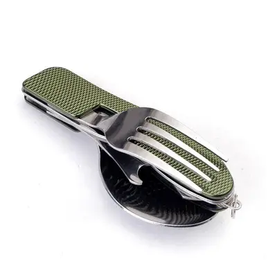 (Green) Stainless Steel Travel Kit Portable Army Green Folding Camping Picnic Cutlery Knife Fork