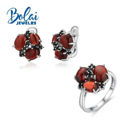 (red, US RING SIZE 8#) Sterling Silver Natural Red Garnet Ring Earrings Jewelry Set Women&apos;s