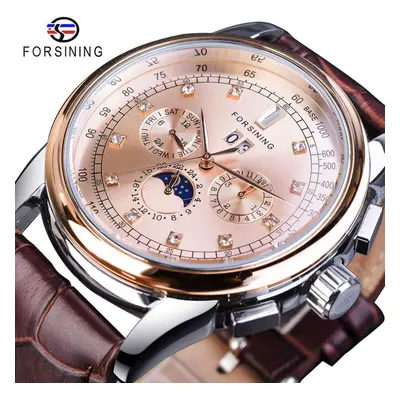 (rose gold,gold) Forsining Moon Phase Shanghai Movement Rose Gold Case Brown Genuine Leather Str