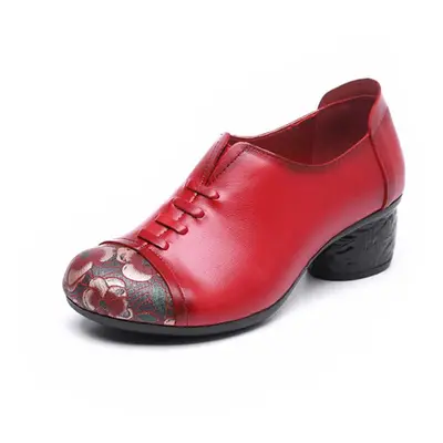 (red, 36) Pumps Women Shoes Genuine Leather Retro Casual Round Toe Handmade Shallow Ladies Shoes