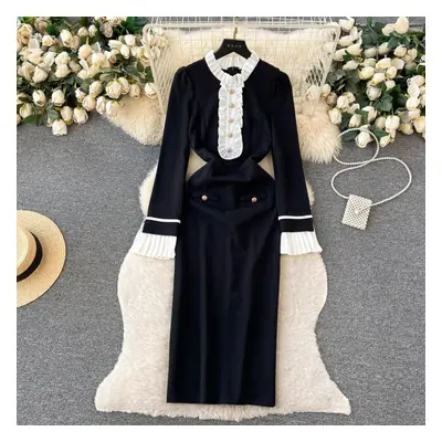 (black, L) Stand Neck Patchwork Fake Two Piece Dresses Vestidos De Mujer Elegant Vintage Chic Bu