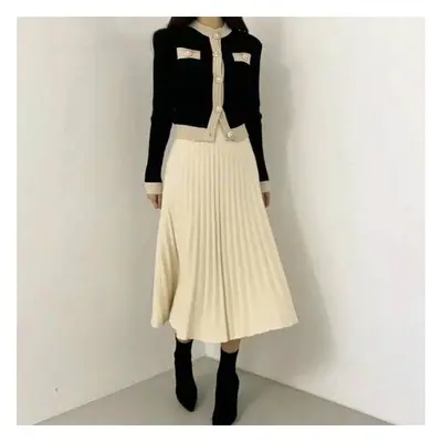 (black, One Size) Fall Winter New Ol Single Breasted Pearl Buttons Cardigan Sweater+high Waist P