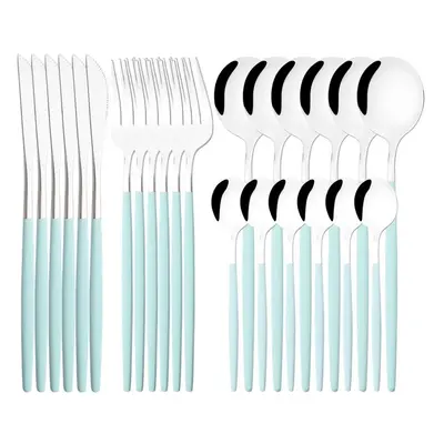 (mint,silver, 24pcs with box) Luxury 24pcs Rose Gold Dinnerware Set Knife Fork Spoon Cutlery Set