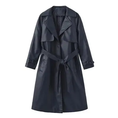 (navy blue, XL) Women's Coats Faux Leather Lapel Windbreaker Pu Loose Three Row Button Trench Co