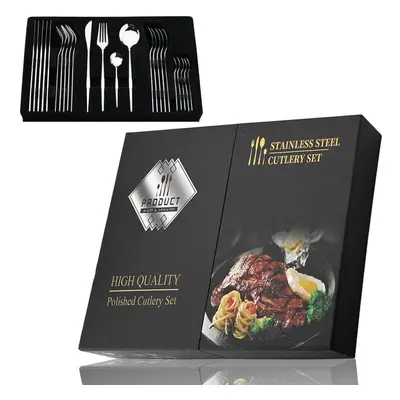 (silver, 24pcs + box) 24pcs Black Handle Golden Cutlery Set Stainless Steel Knife Fork Spoon Tab