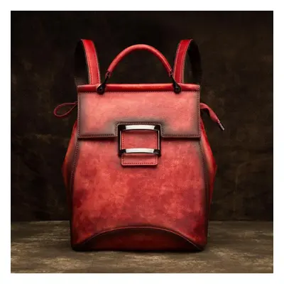 (red) Johnature Retro Genuine Leather Bag Solid Color Backpack Handmade Cowhide Large Capacity W