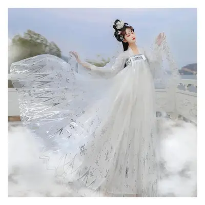 (white, L) Sequins Gradient Shimmering Women Hanfu Traditional Chinese Dress Prom Formal Birthda