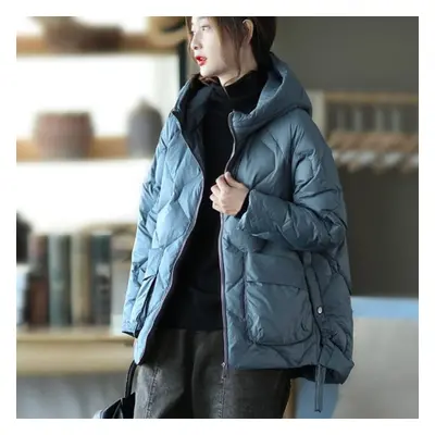 (blue, S) Winter Hooded Down Jacket Women White Duck Down Jacket Casual Loose Outwear Hooded Puf