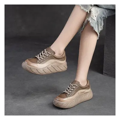 (khaki, 37) Johnature Genuine Leather Shoes Women Sneakers Solid Color Spring Lace-up Handmade C