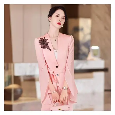 (pink, M) Spring Summer Workplace Women Pant Suits Office Lady V-neck Pink Women Suits Office Se