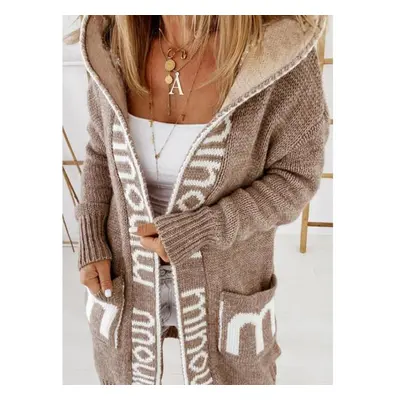 (Dark Brown, M) Knitted Sweater Winter Medium Length Cardigan Letter Hooded Knitted Women&apos;s