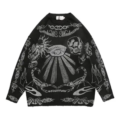 (black, M) Harajuku Skulls Printed Womenâs Oversized Knitted Sweater Korean Casual Gothic Swea