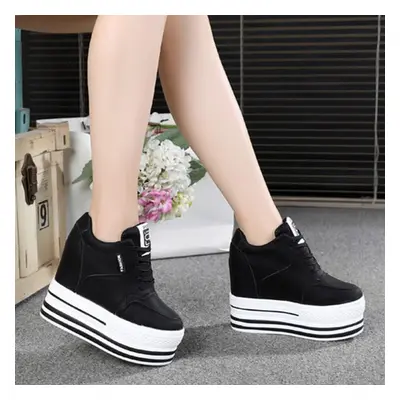 (black, 39) 12cm Endogenous Elevation Small White Shoes Women&apos;s Thick Soled Lace Wedge Casu