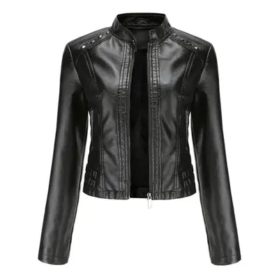 (black, L) Women Faux Leather Jacket Cropped Zip Up Motorcycle Short Pu Moto Biker Outwear Fitte