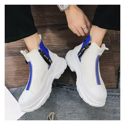 (blue, 41) Autumn Men Casual Sneakers Canvas Chunky Platform Ankle Boots High-cut Zip Patchwork 