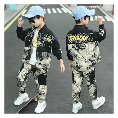 (black, 150) Boys Fashion Camouflage Print Casual Sports Suit