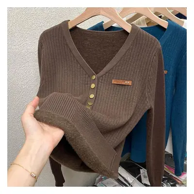 (coffee, L) Plush Thickened Sweater Knit Bottom Blouse For Women With A Slim V-neck Top In Autum