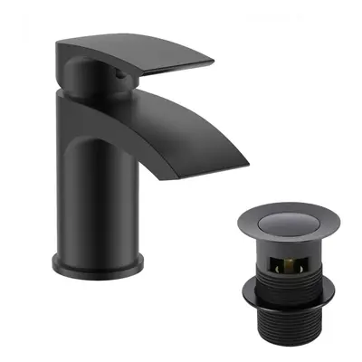 Bathroom Luxury MATT BLACK Basin Sink Mono Mixer Tap & Clicker Waste